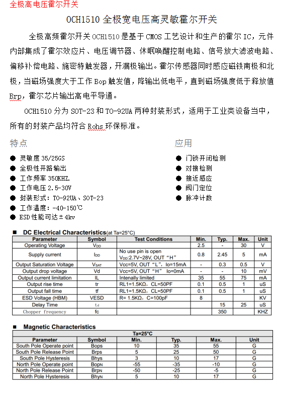 OCH1510全极宽电压高灵敏霍尔开关